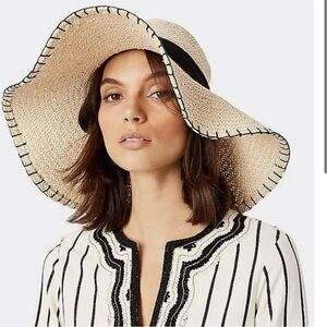 Tory Burch Women's Wide-Brim Straw Floppy Hat with Black Ribbon